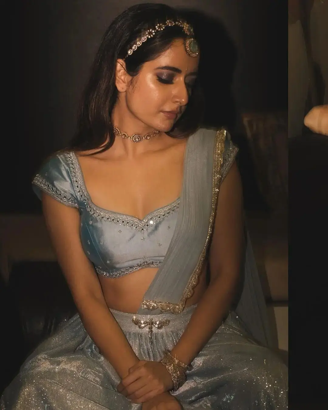 Ashika Ranganath in Blue Lehenga Choli